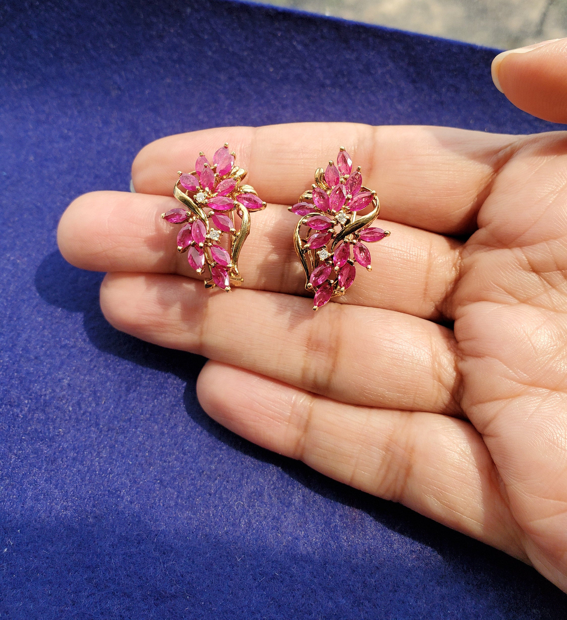 14K Yellow Gold Ruby Floral Cluster Earrings – Elegant Dangle Earrings for Women, Perfect for Weddings, Parties & Special Occasions