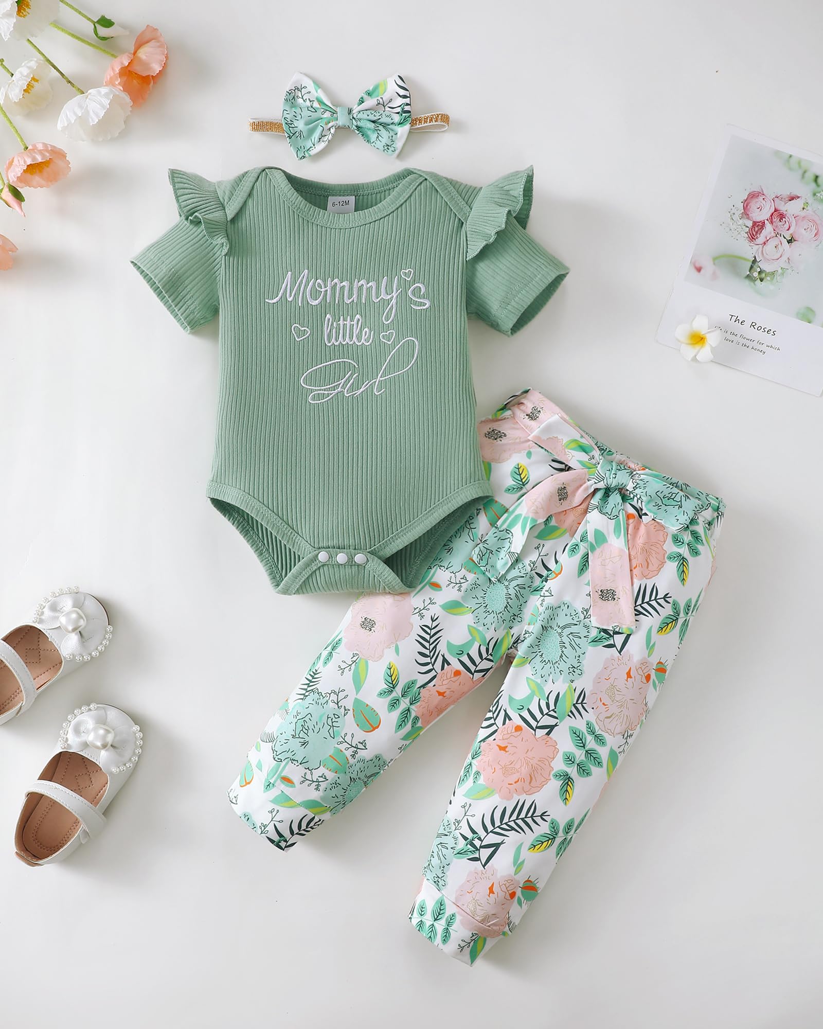 Baby Girl Clothes Set - Floral Ruffle Romper & Ribbed Pants Outfit for Newborns | Cute Infant Girl Outfits for Photos, Parties & Daily Wear