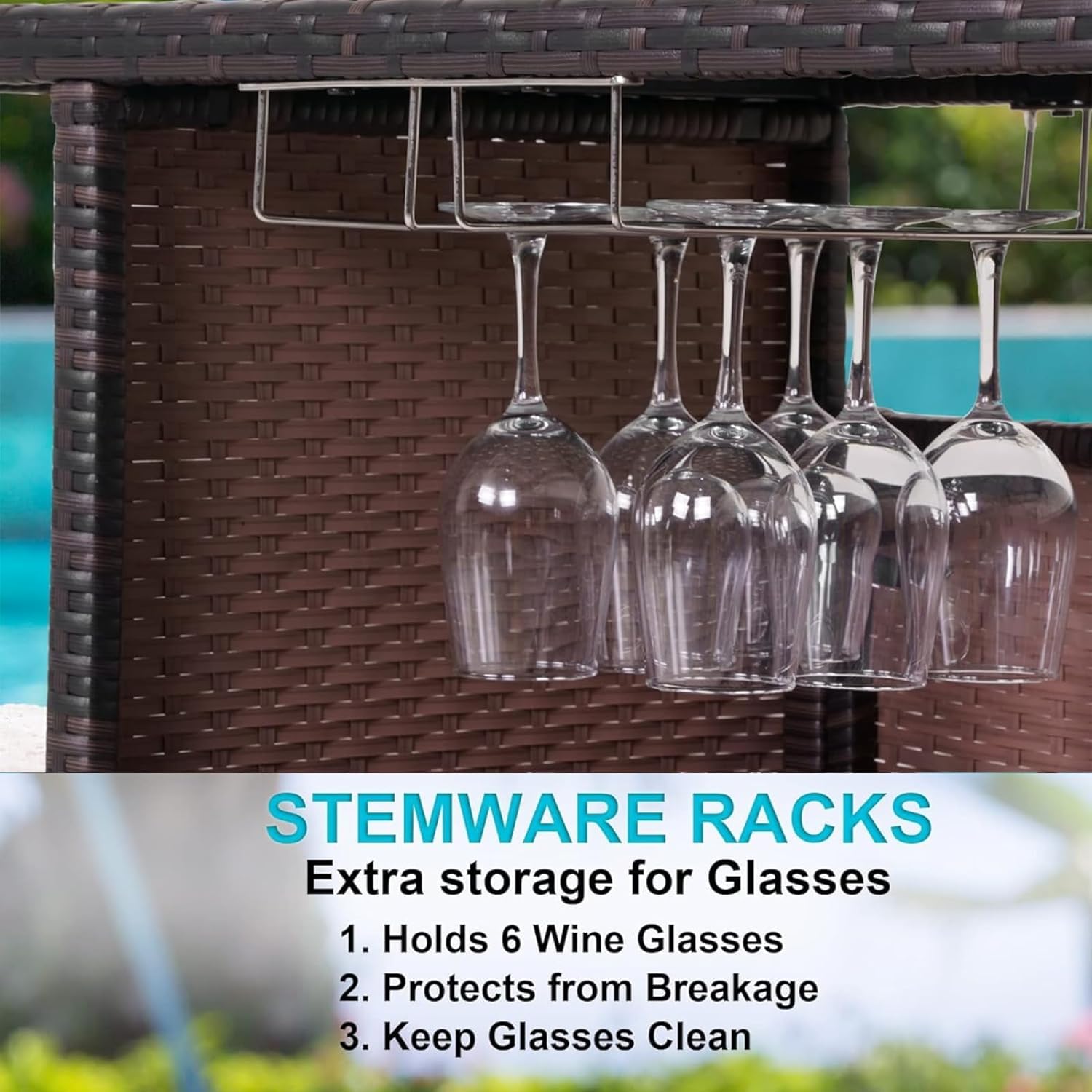 Outdoor Wicker Bar Table with 2 Steel Shelves & Wine Glass Holders - Patio Rattan Counter Table for Backyard, Garden & Poolside - Perfect for Entertaining Guests & Outdoor Dining