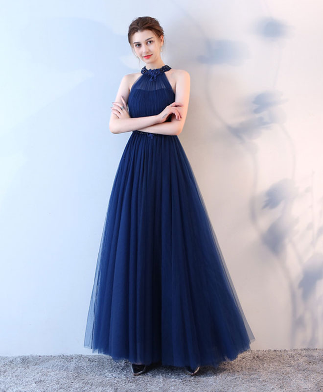 Elegant Blue Halter Tulle Long Prom Dress for Women - Formal Evening Gown for Homecoming, Wedding, Ballroom Dance & Special Occasions