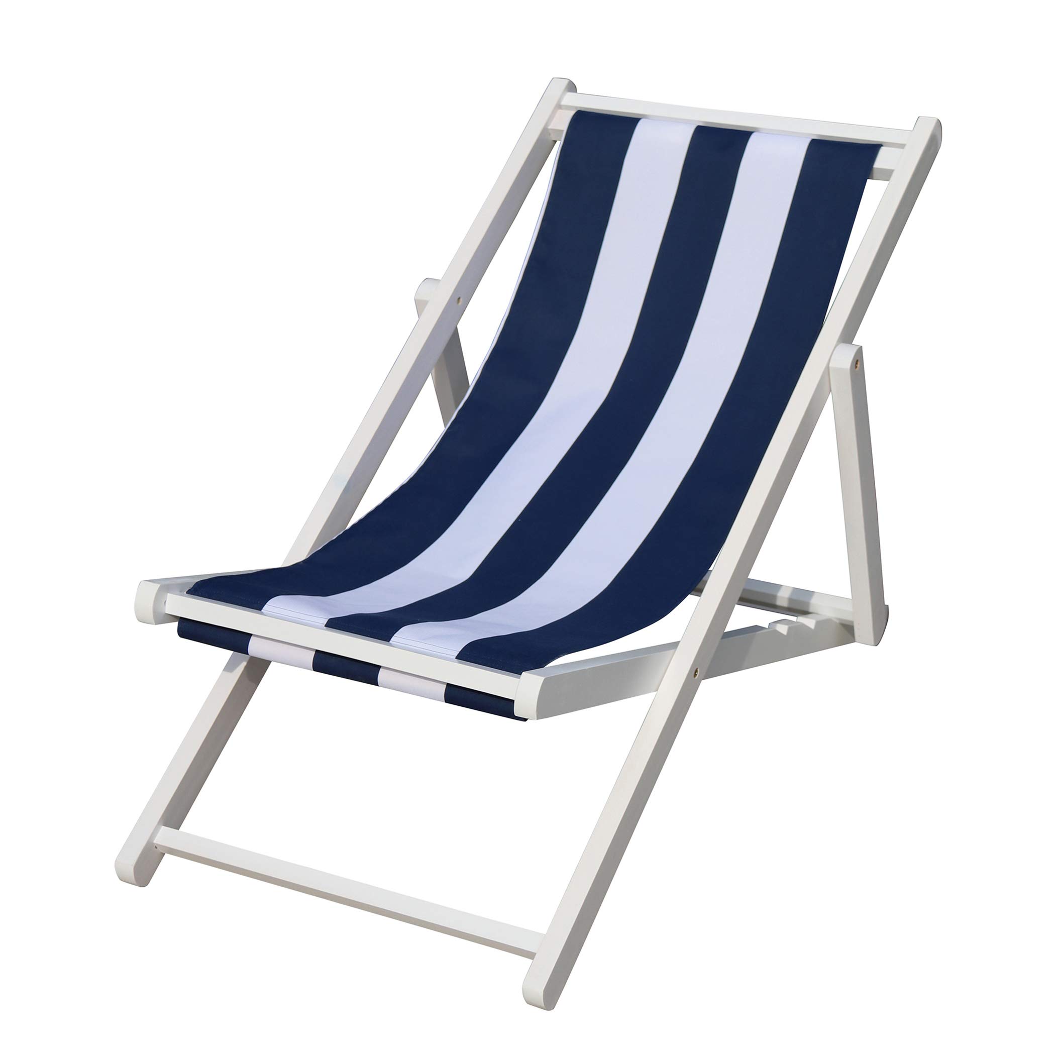 Portable Wooden Folding Beach Sling Chair - Adjustable 4-Level Recliner, Solid Poplar Frame & Blue Stripe Polyester Canvas - Perfect for Backyard, Patio, Poolside & Beach Relaxation