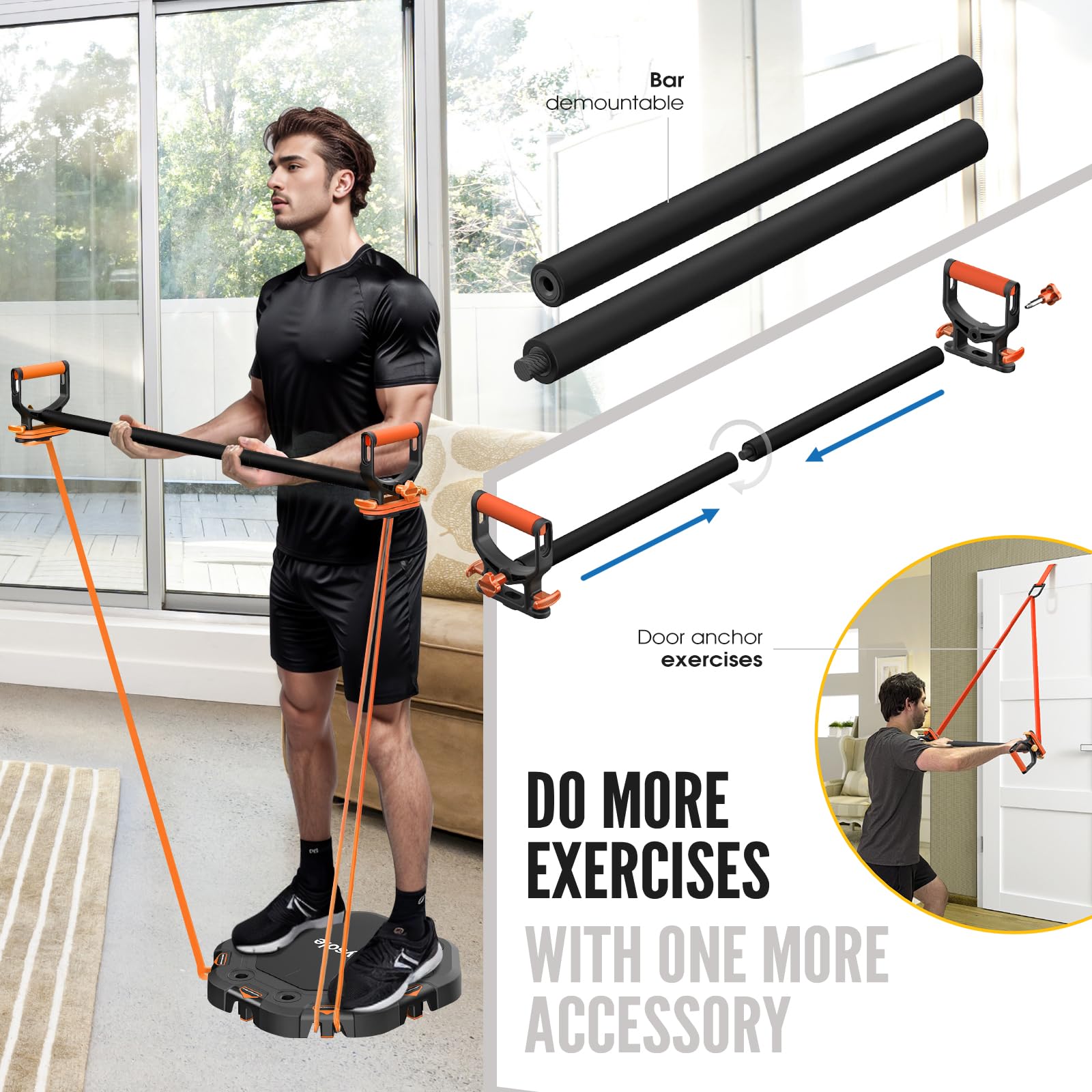 Push Up Board with Resistance Bands & Pilates Bar - 4 Wheel Ab Roller & Push Up Handles for Home Gym - Full Body Workout Equipment for Strength Training, Core Exercises & Fitness Routines (Ideal for Home Workouts, Gym Training & Pilates Sessions)