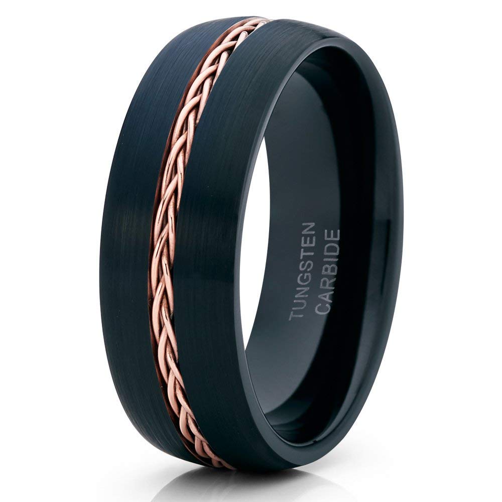 Rose Gold Tungsten Wedding Band - 8mm Braided Tungsten Ring for Men & Women - Anniversary, Engagement, Promise Ring - Durable & Scratch-Resistant Black Tungsten Ring - Perfect for Couples, Weddings & Special Occasions