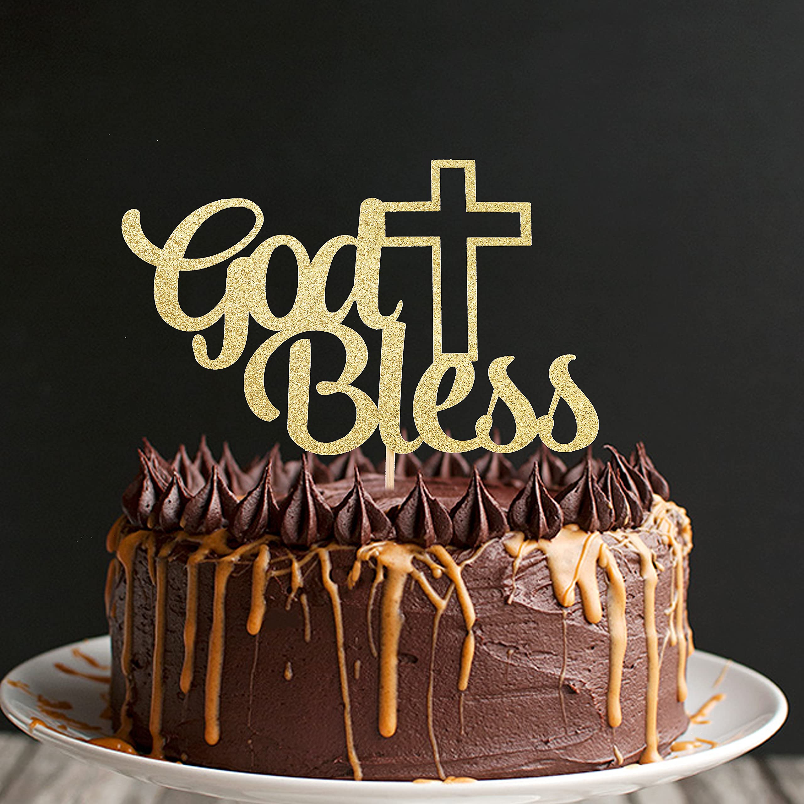 Golden Glitter God Bless Cake Topper - Baptism & First Communion Cake Decorations for Boys & Girls, Religious Cake Topper with Custom Name, Golden Glitter Cake Decor Supplies - Perfect for Baptism, Christening, First Holy Communion & Religious Celebrations