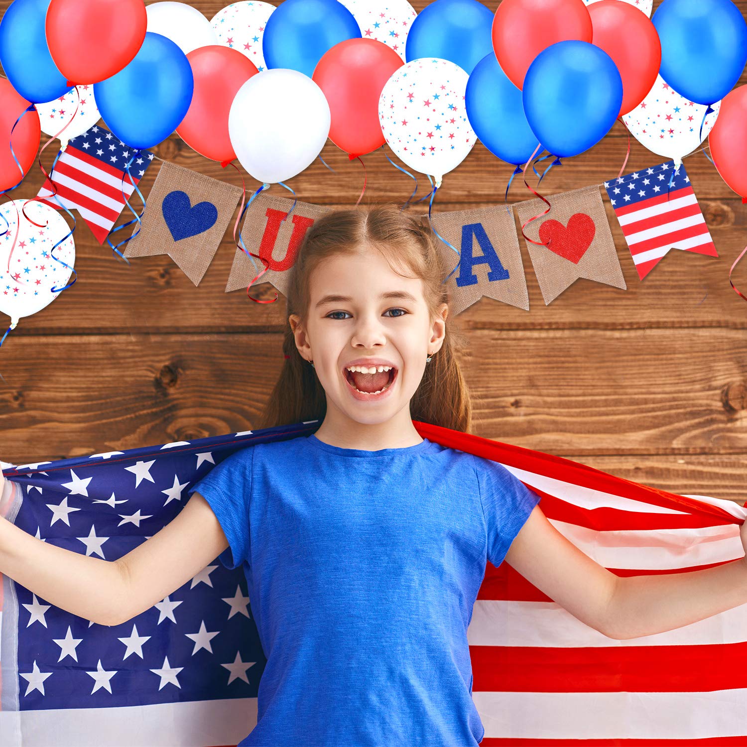July 4th Patriotic Party Decorations - USA Flag Burlap Banner & Red White Blue Star Balloons Set with 2 Ribbons for Independence Day, Memorial Day, Veterans Day Celebrations | Perfect for Backyard BBQs, Parades and Festive Home Decor