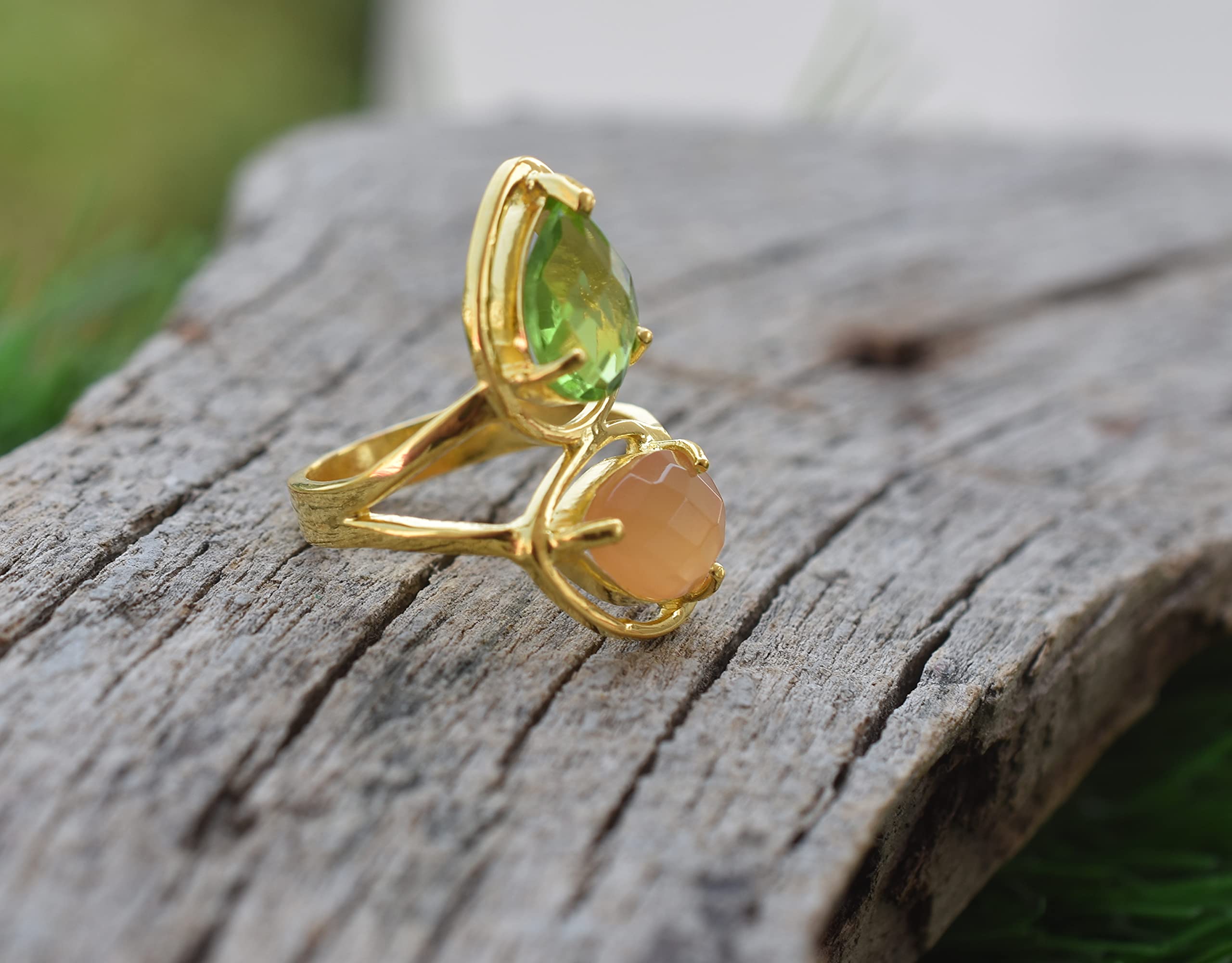 Veracity Jewelry 18K Gold Plated Peridot & Peach Moonstone Ring for Women - Handmade Multi Gemstone Ring - Elegant Gift for Girlfriend, Mother, Wife - Perfect for Weddings, Anniversaries & Special Occasions
