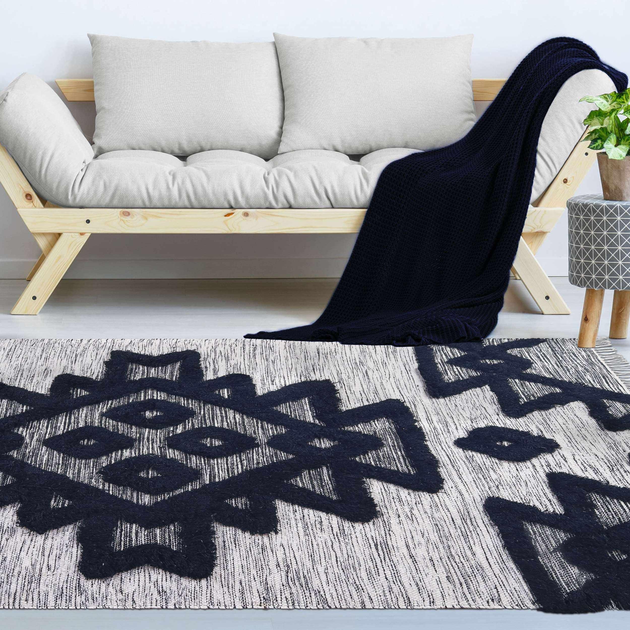 Bohemian Wool Geometric Medallion Fringe Rug - Handmade Indoor Area Carpet or Runner for Living Room, Bedroom & Boho Home Decor