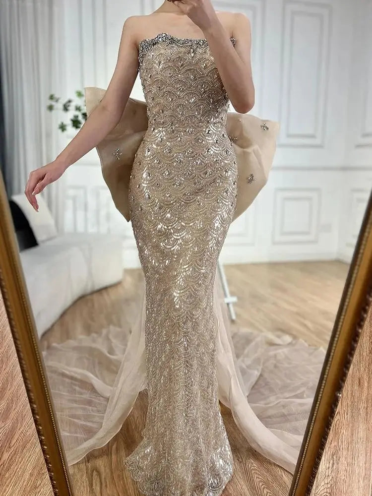 Luxury Dubai Nude Saudi Arabic Evening Gown with Beaded Tassel Dress for Formal Occasions - Elegant Party Wear for Weddings, Galas & Special Events LA72730