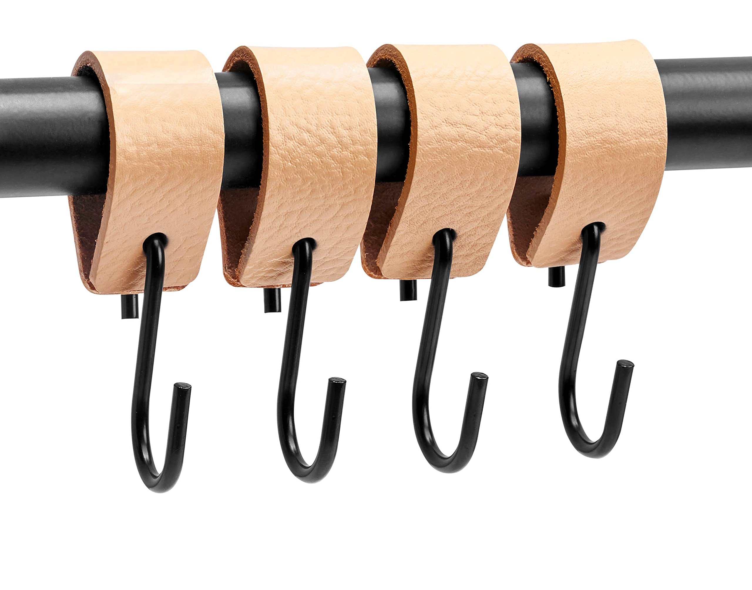 Brute Strength Multifunctional Leather S-Hooks - 4 Pack Natural Black S-Shaped Hooks for Coats, Kitchen & Home Organization - Durable Leather Hanging Hooks for Wall, Door, Closet & Pantry Storage