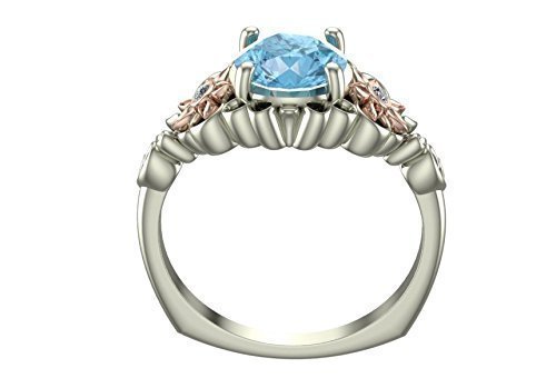 Unique Two-Tone White Rose Gold Aquamarine Flower Engagement Ring with Leaves Design by Vidar Boutique - Perfect for Proposals, Weddings & Anniversary Gifts