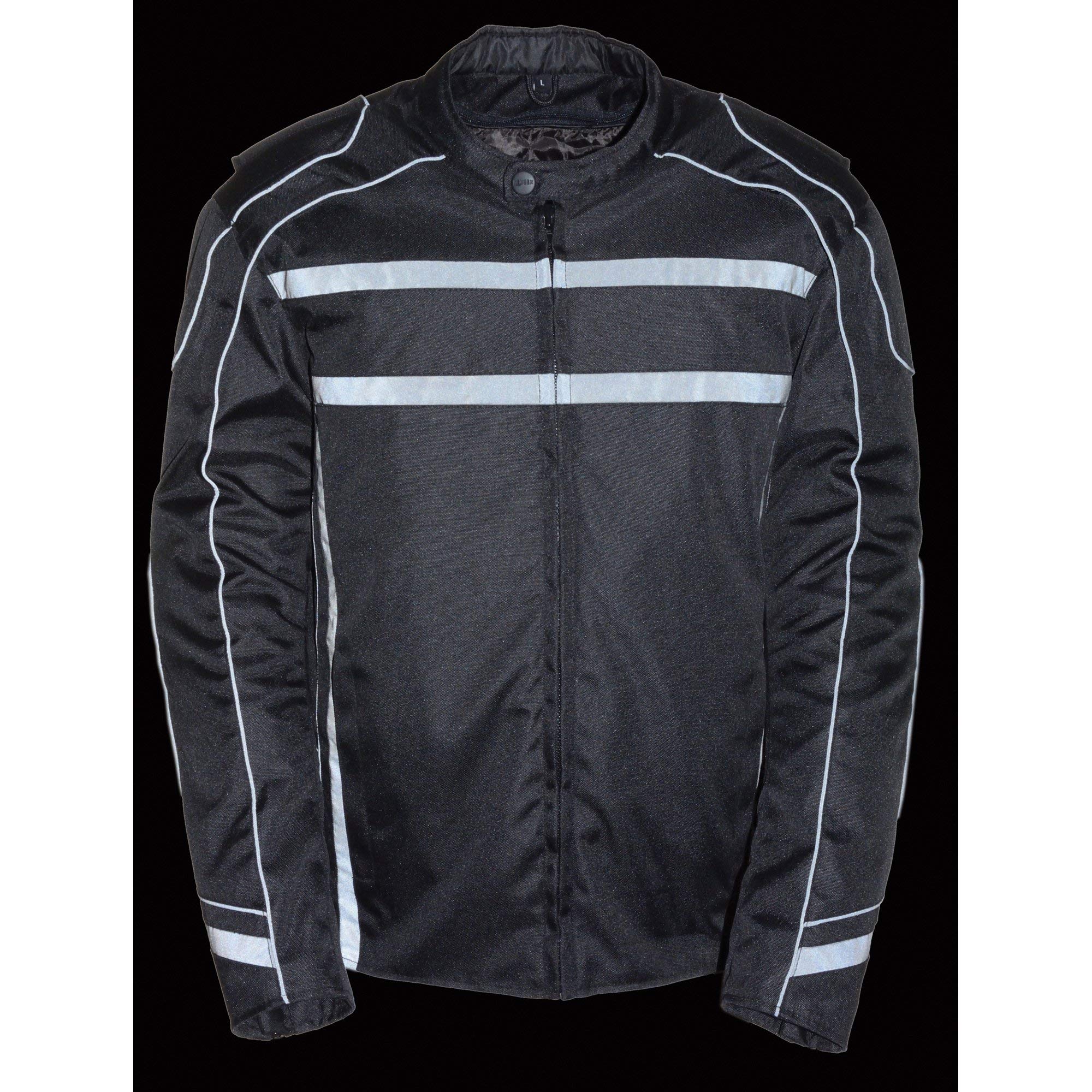 Milwaukee Leather MPM1740 Men's Black Vented Motorcycle Jacket with Reflective Stripes - Breathable Textile Riding Gear for Commuting & Adventure