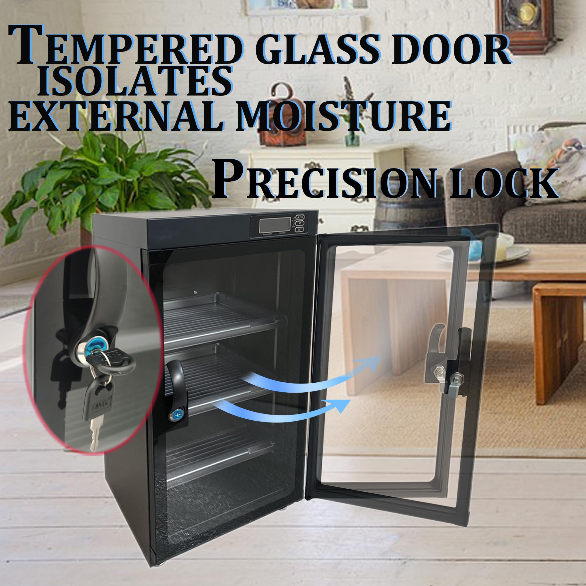 INTSUPERMAI 80L Digital Control Dehumidifying Dry Cabinet with Key Lock - Safe Storage for Camera Lenses & Electronic Equipment (100-240V, 4 Wheels) - Perfect for Photography Studios, Labs & Humidity-Sensitive Electronics Storage