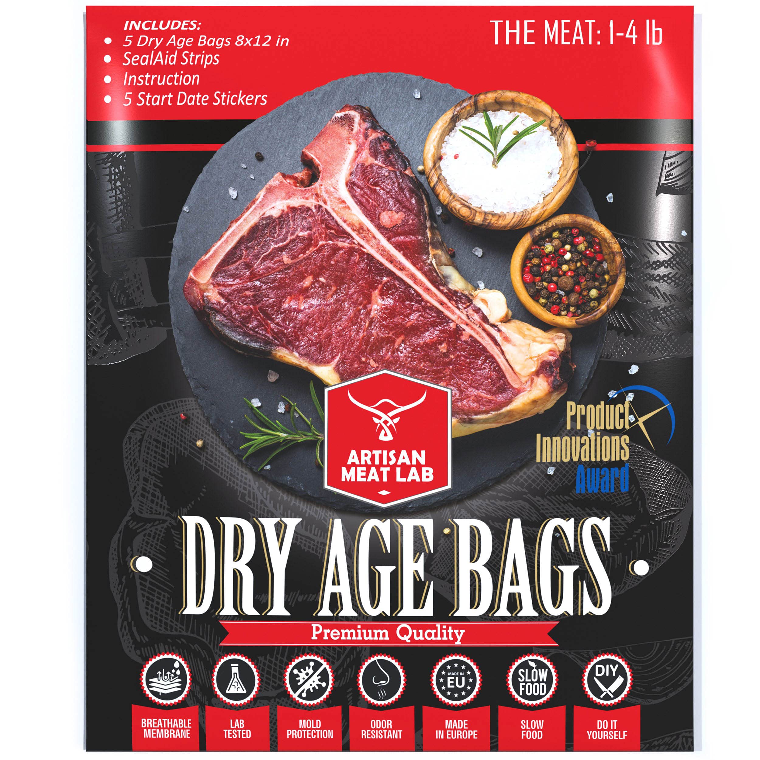 Dry Aging Bags for Meat - 5 Pack (8x16 inch / 20x40cm) - No Vacuum Sealer Needed - Breathable Membrane for Home Dry Aging 1-5lb (Up to 2.5kg) Steaks - Perfect for Enhancing Flavor & Tenderness in Beef, Steak & Roasts