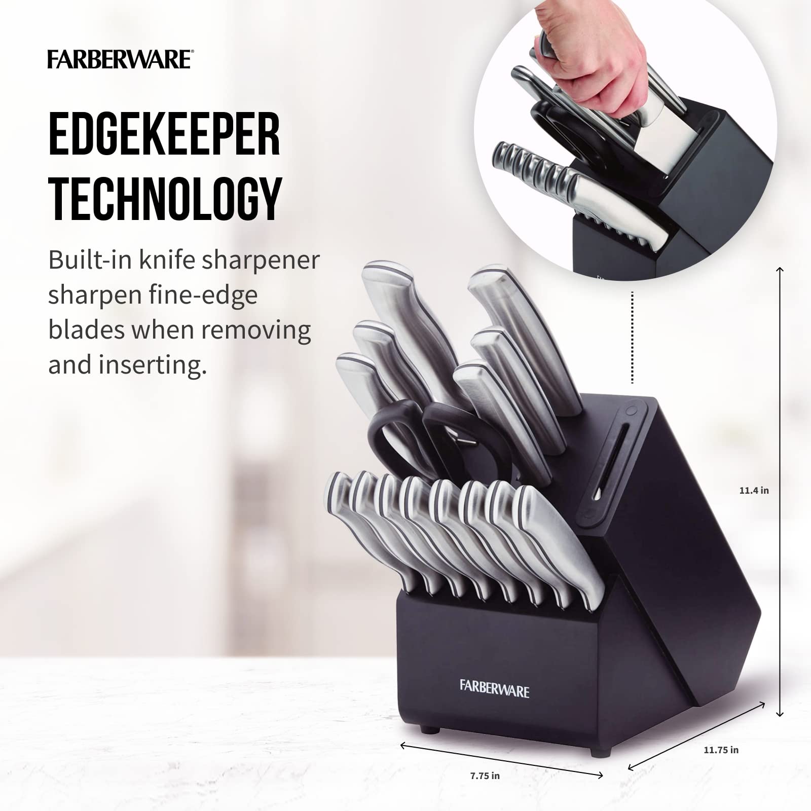 Farberware Edgekeeper 16-Piece Stainless Steel Knife Block Set with Built-in Sharpener - High Carbon Kitchen Knives for Professional Chefs & Home Cooking - Perfect for Slicing, Dicing & Food Prep