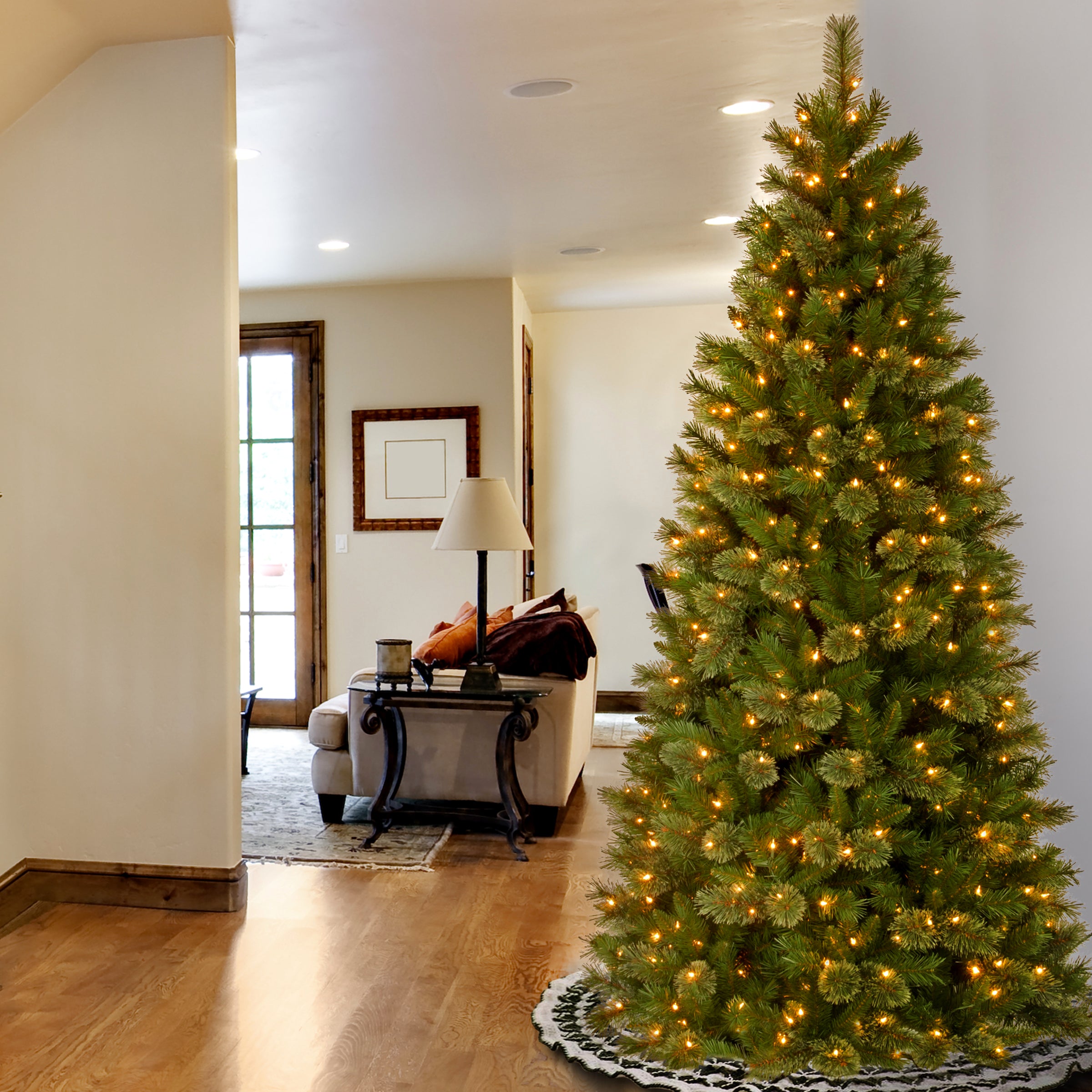 7 ft. Pre-Lit Tacoma Pine Slim Artificial Christmas Tree with 500 Clear LED Lights - Perfect for Small Spaces, Apartments & Office Decor