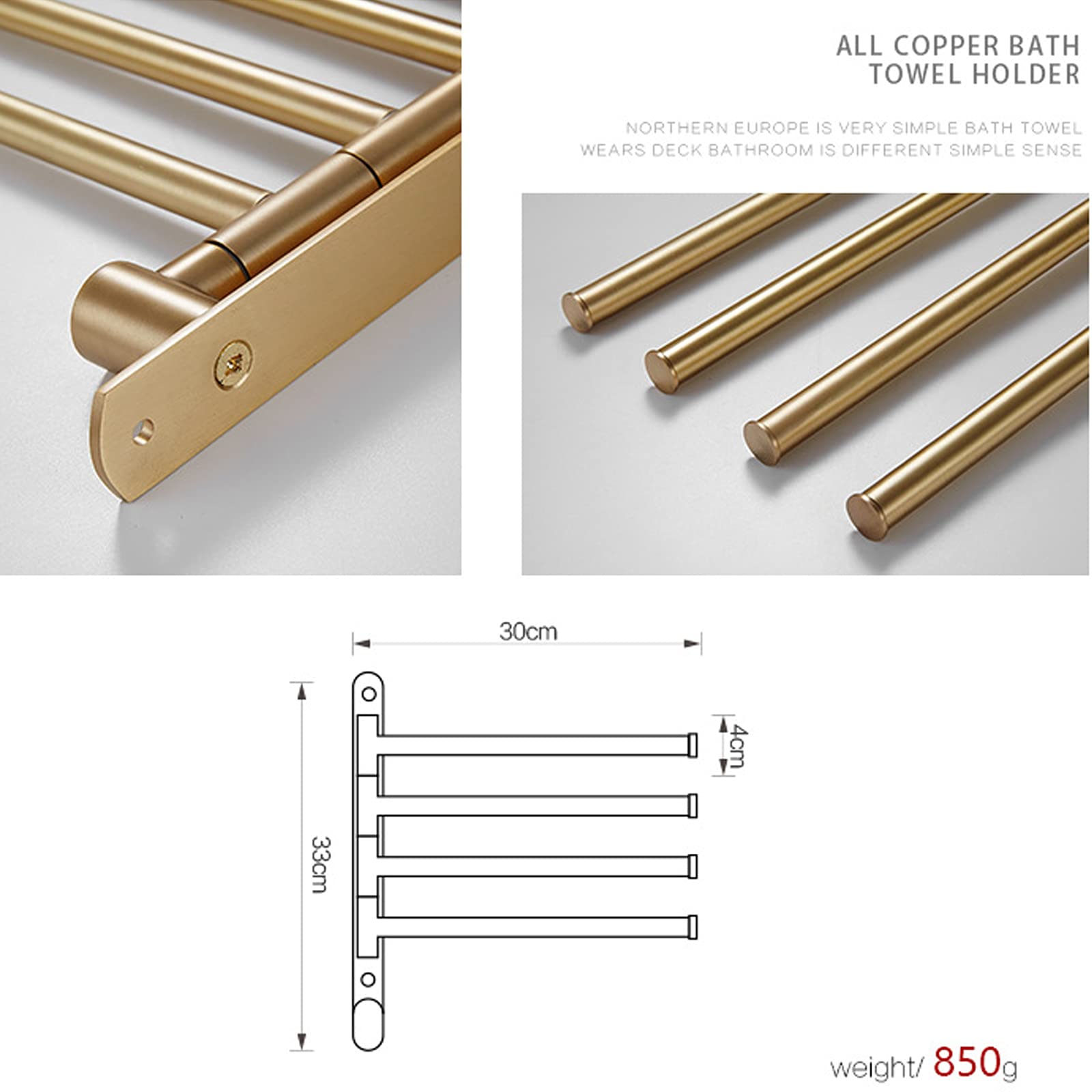 Premium Heated Towel Rack - 4-Arm Brushed Gold Wall Mounted Towel Warmer with Swivel Hook & Ring - Electric Bathroom Towel Holder for Spa, Luxury Hotels & Cozy Home Use