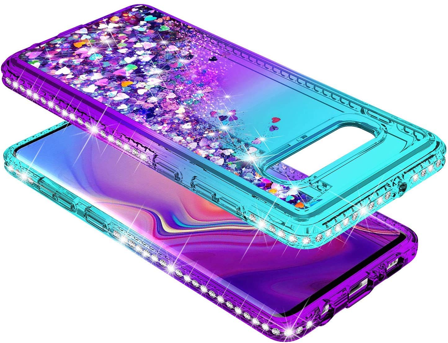 Sparkle Glitter Liquid Phone Case for Samsung Galaxy S10e - Cute Protective Cover with Ring Holder & Wrist Strap Lanyard (Aqua/Purple) - Perfect for Women, Girls & Kids | Everyday Use, School, Work & Travel