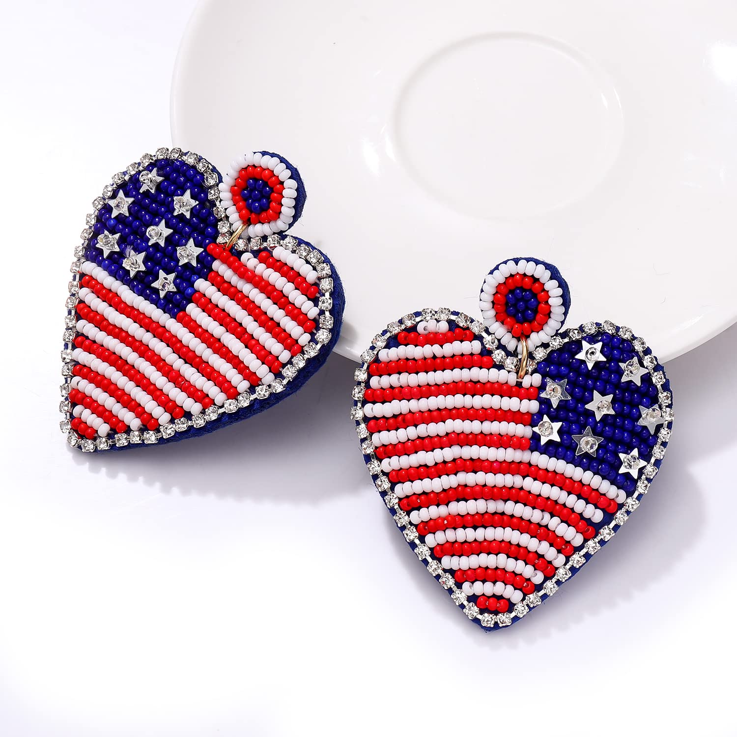 Handmade Patriotic American Flag Earrings - Beaded Heart, Star & Ice Cream Drop Dangle Earrings for Women | 4th of July, Independence Day & Holiday Gifts | Perfect for Parties, Festivals & National Celebrations