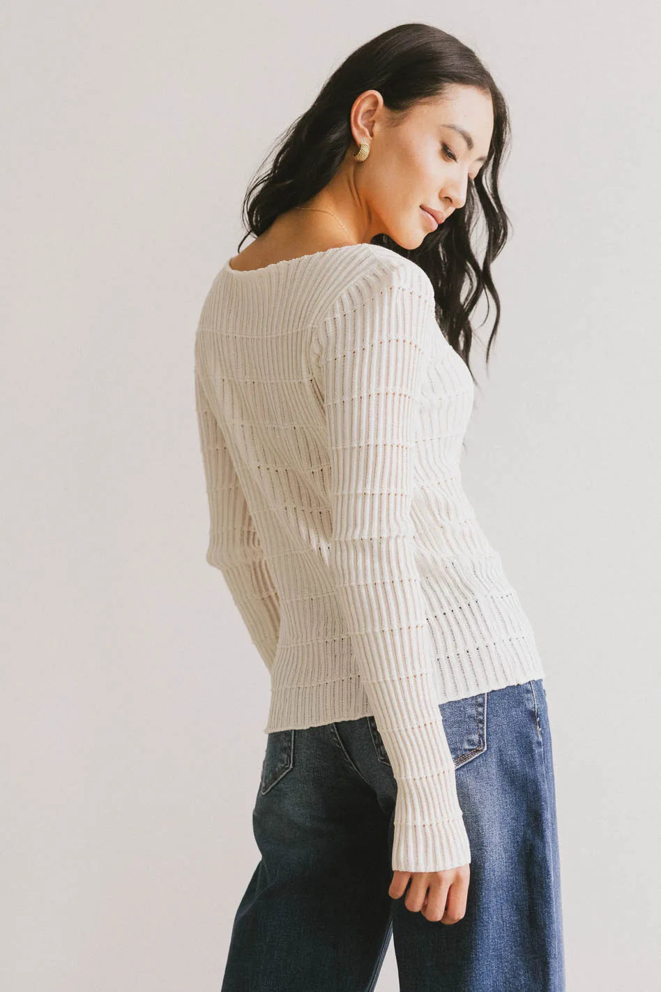 Gemma Sheer Ribbed Top - Women's White Stretch Knit Blouse for Casual Wear & Layering | FINAL SALE