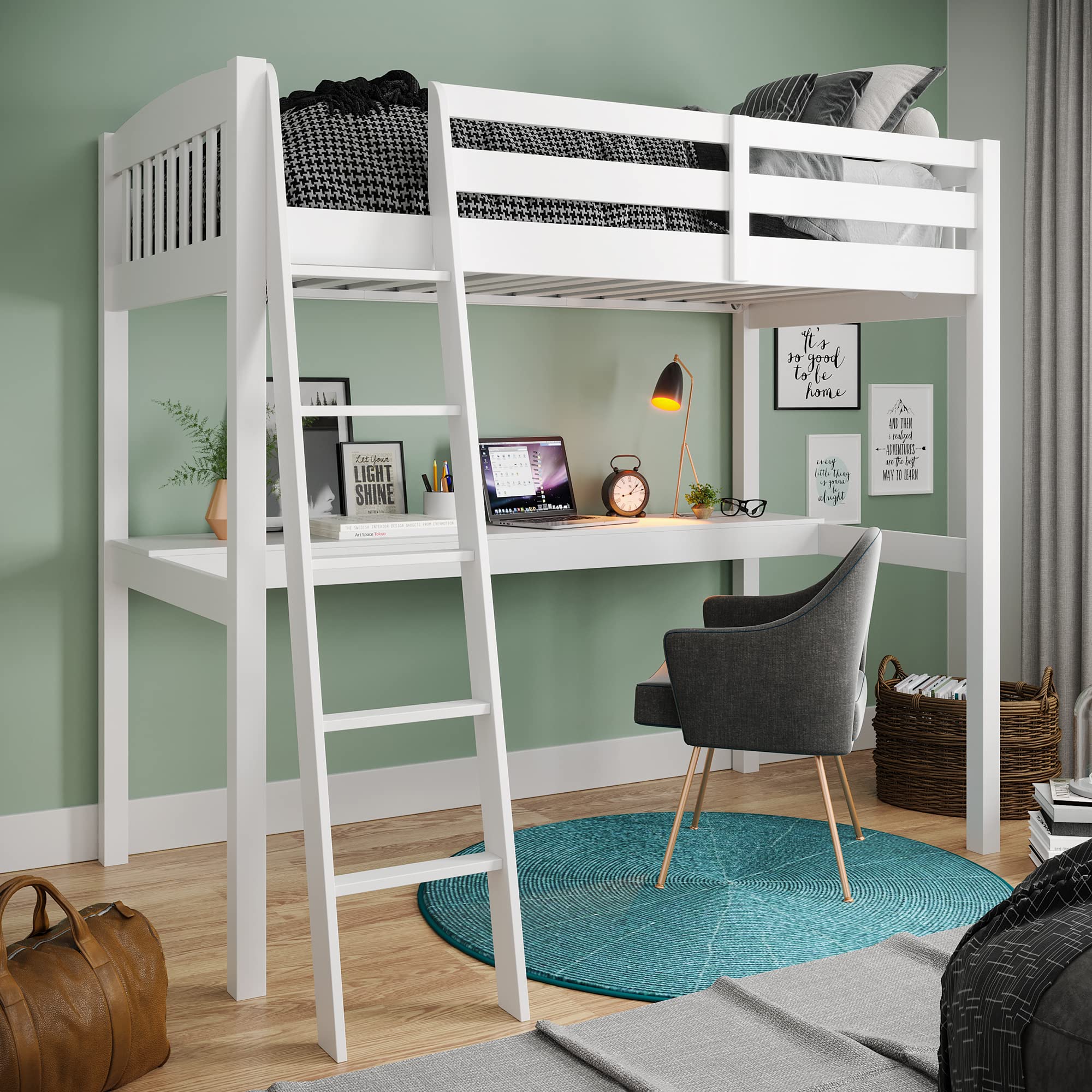 Harper & Bright Designs Full Size Loft Bed with Study Desk - Solid Wood High Loft Bed with Ladder for Kids, Teens & Adults - No Box Spring Needed - White - Perfect for Small Bedrooms, Dorm Rooms & Home Offices