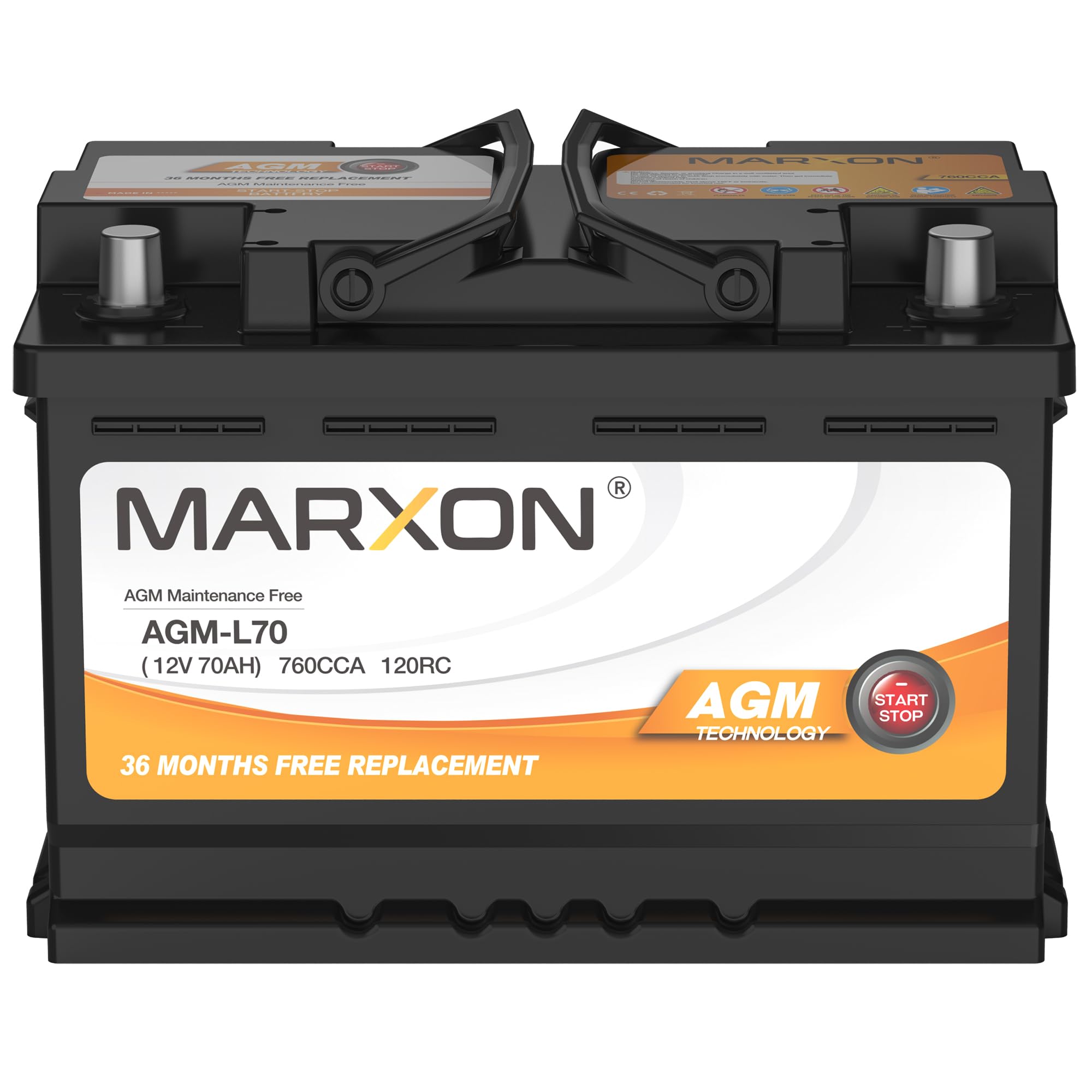 MARXON Group 48 H6 L3 AGM Car Battery 12V 70AH 760CCA - Maintenance Free Automotive Replacement Battery for Start-Stop Vehicles | Perfect for Sedans, SUVs, and Trucks