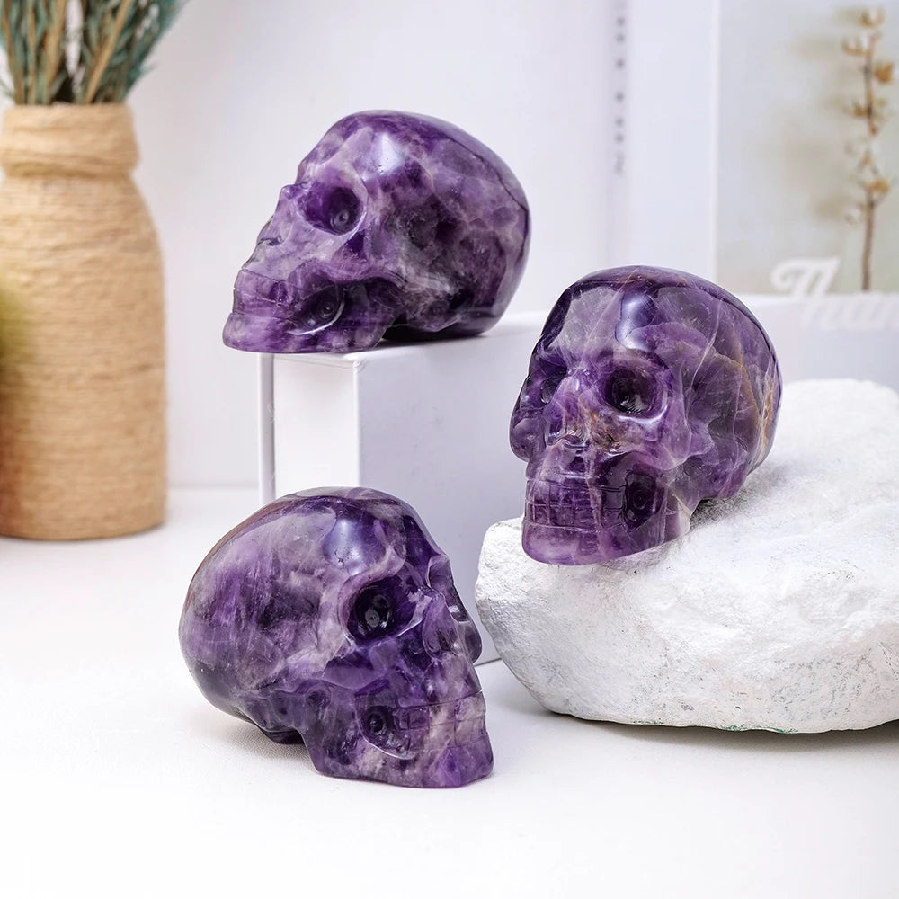 Hand Carved Natural Amethyst Crystal Skull Statue - Feng Shui Healing Decor, Reiki Energy Stone, Unique Home & Desk Ornament - Perfect for Meditation Spaces, Spiritual Gifts & Crystal Collections