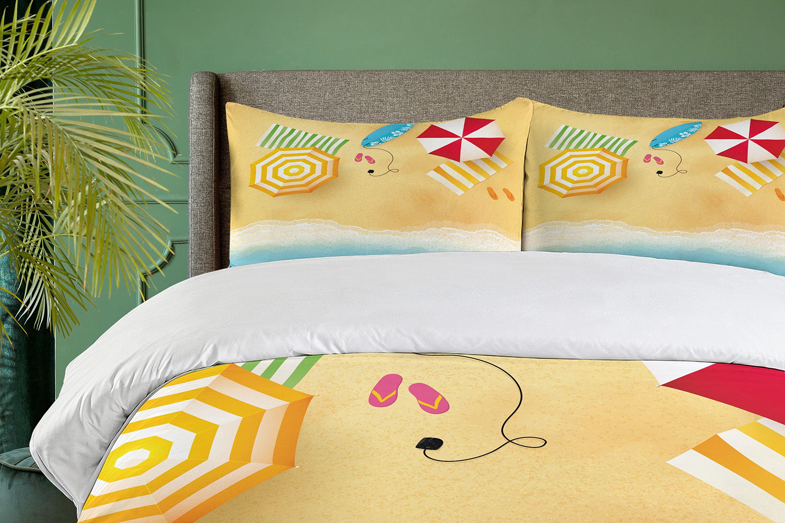 Ambesonne Beach Duvet Cover Set - Queen Size 3 Piece Coastal Bedding with Wave & Umbrella Design, Summer Themed Decorative Comforter Cover & 2 Pillow Shams | Perfect for Beach House Decor, Vacation Rental Bedrooms & Coastal Themed Master Suites