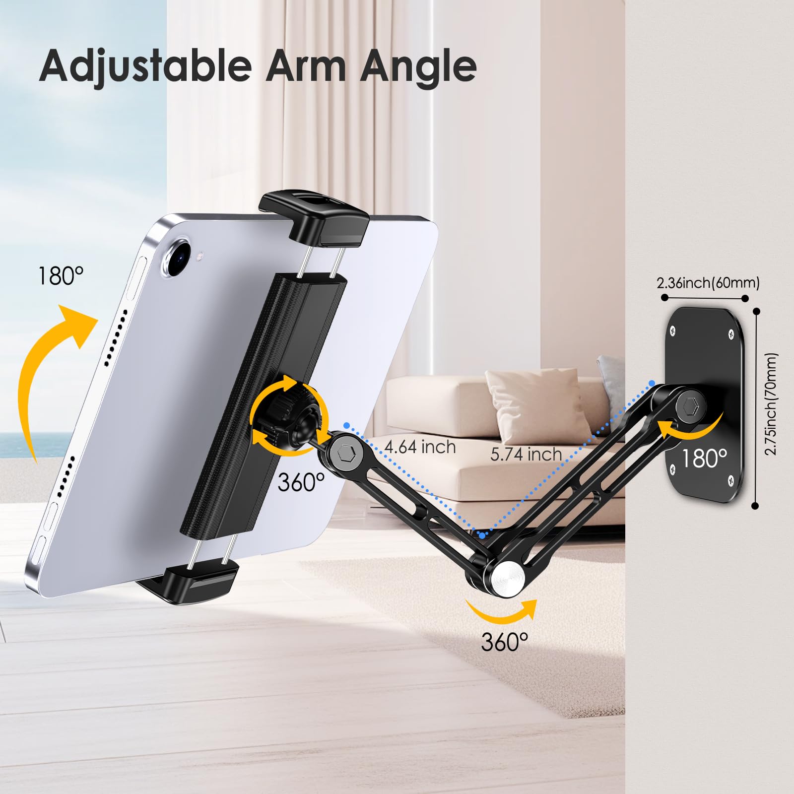 Aluminum Extendable Tablet Wall Mount Holder with 360° Rotating Base - Adjustable & Foldable for iPad Pro/Air/Mini, Galaxy Tab, and All 4.7-13
