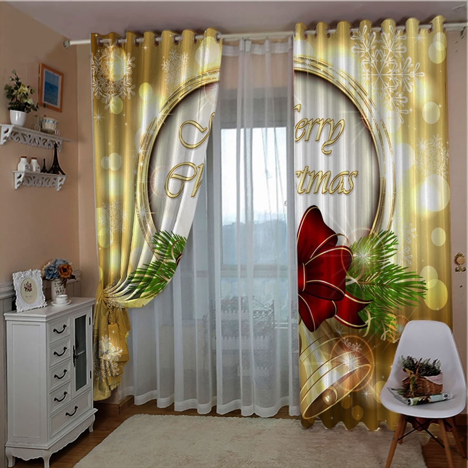 Gold Christmas Themed Bay Window Curtains with Bells - 104x96 Inch Polyester Small Window Treatment for Holiday Decor | Perfect for Living Room, Bedroom & Seasonal Home Décor