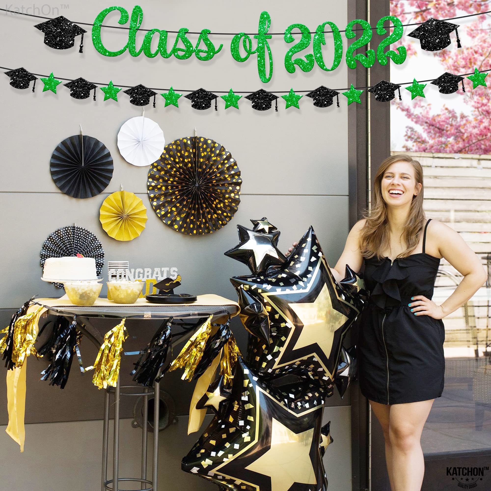 Class of 2022 Graduation Banner - 10ft Green Glitter Banner with Cap Garland | No DIY Graduation Party Decorations | Green & Black Graduation Decor for High School & College Graduation Ceremony | Perfect for Graduation Party Backdrop, Photo Booth & Wall Decor