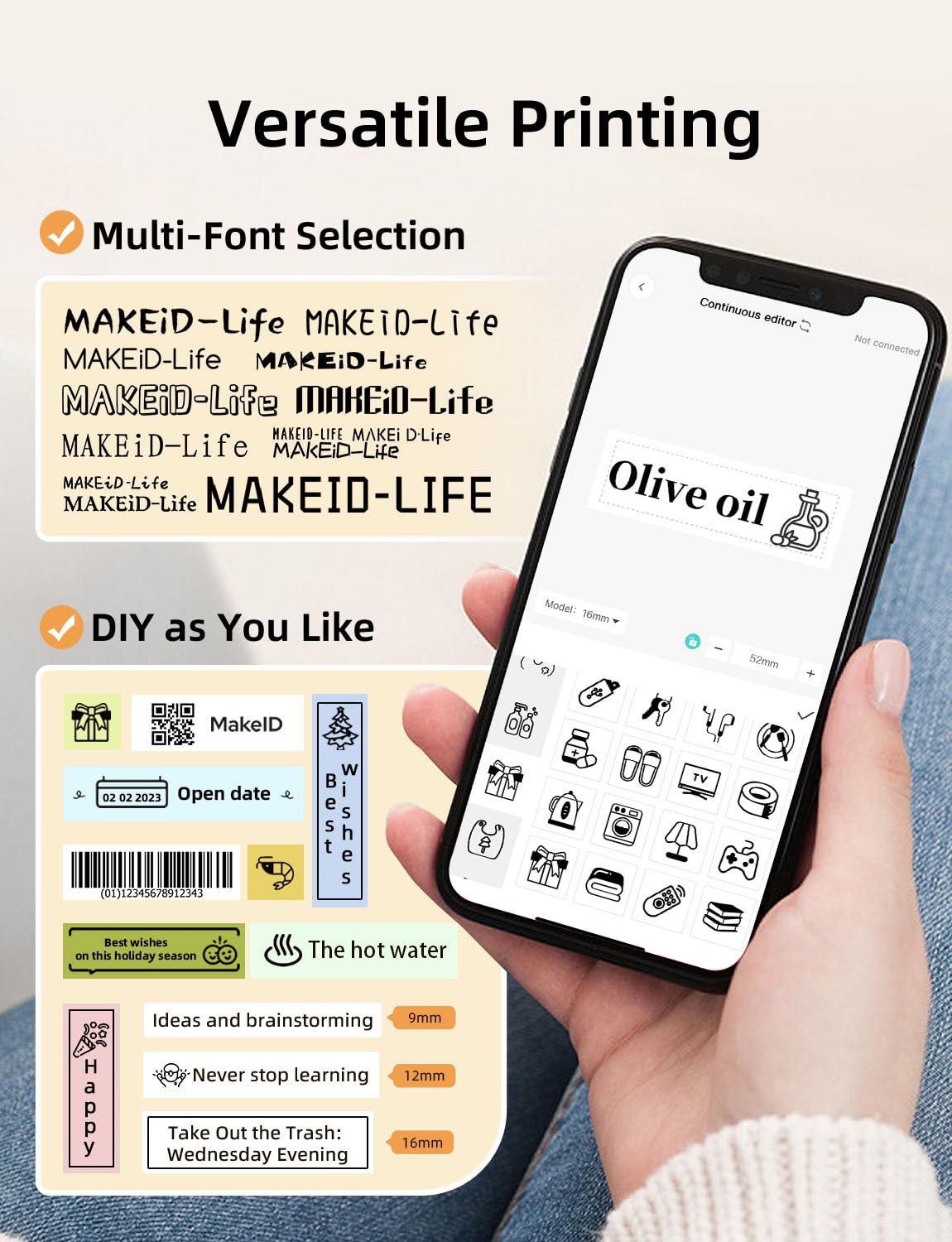 Makeid Wireless Label Maker Machine with 300dpi HD Printing - 9/12/16mm Waterproof Label Tape, Portable Rechargeable Label Printer with Built-in Cutter for Home, Office & Warehouse Organization (iOS/Android Compatible) - Perfect for Organizing Cables, Pantry Items & Storage Boxes
