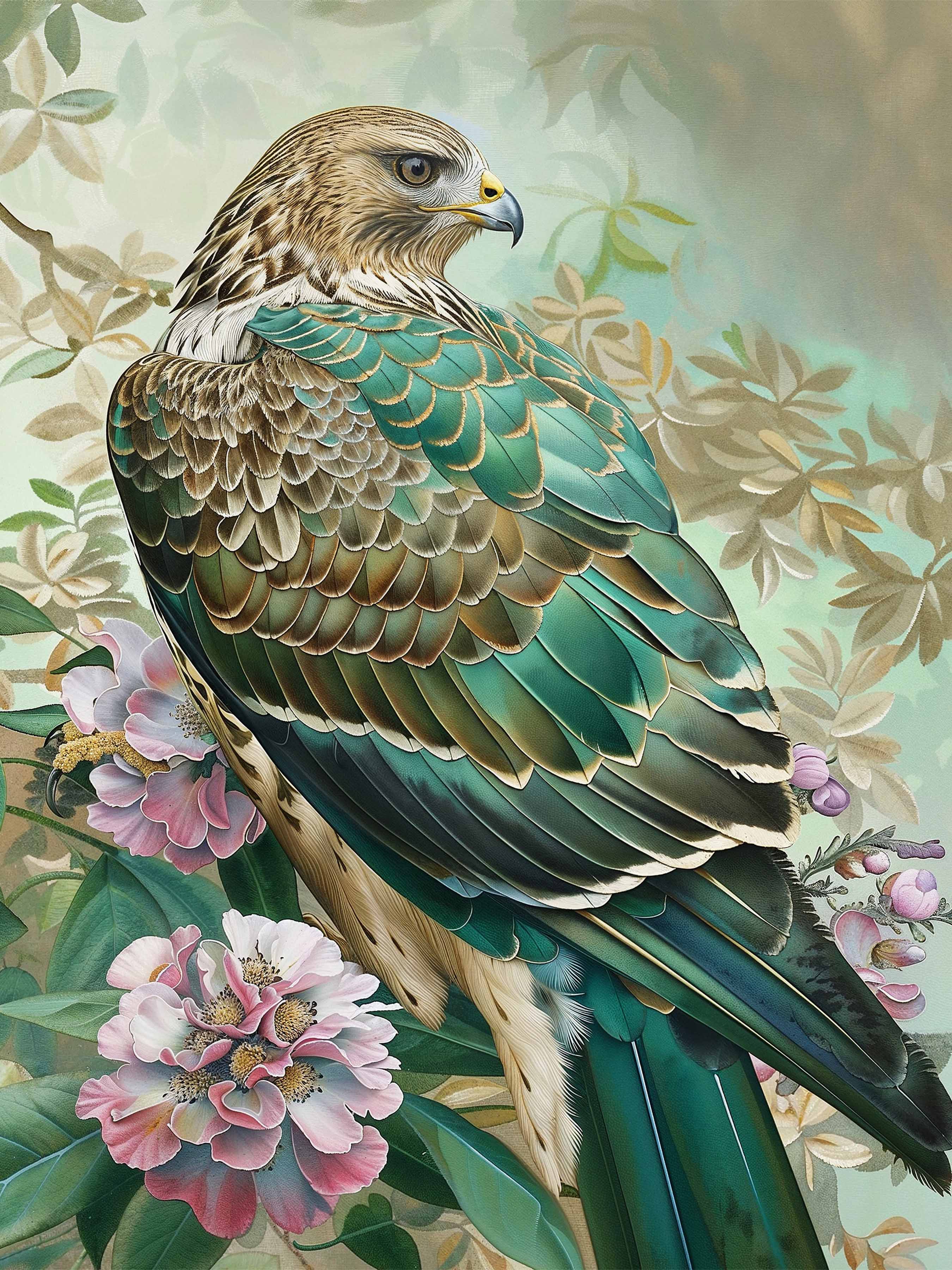 Emerald Majesty Hawk Amidst Blossoms Limited Edition Canvas Wall Art - Nature Inspired Home Decor for Living Room, Bedroom & Office