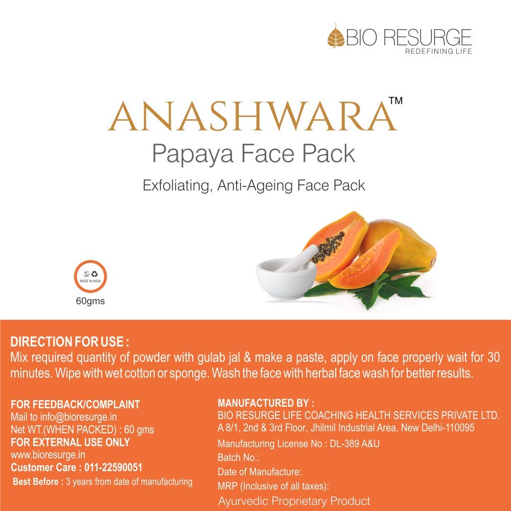 BIO RESURGE LIFE Anashwara Papaya Face Mask - Anti-Aging Wrinkle & Dark Spot Treatment, Brightening & Exfoliating, 60g - Perfect for Daily Skincare Routine & Glowing Complexion