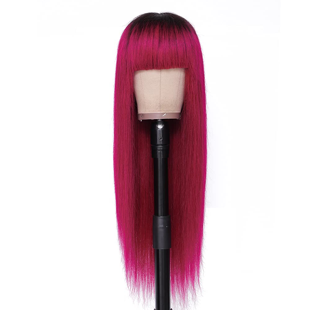 REMY Ombre Burgundy Red Glueless Human Hair Wigs - 20 Inch Brazilian Virgin Hair with Pre-Plucked Baby Hair, Non-Lace Straight Colored Wigs for Women | Perfect for Daily Wear, Cosplay & Special Occasions