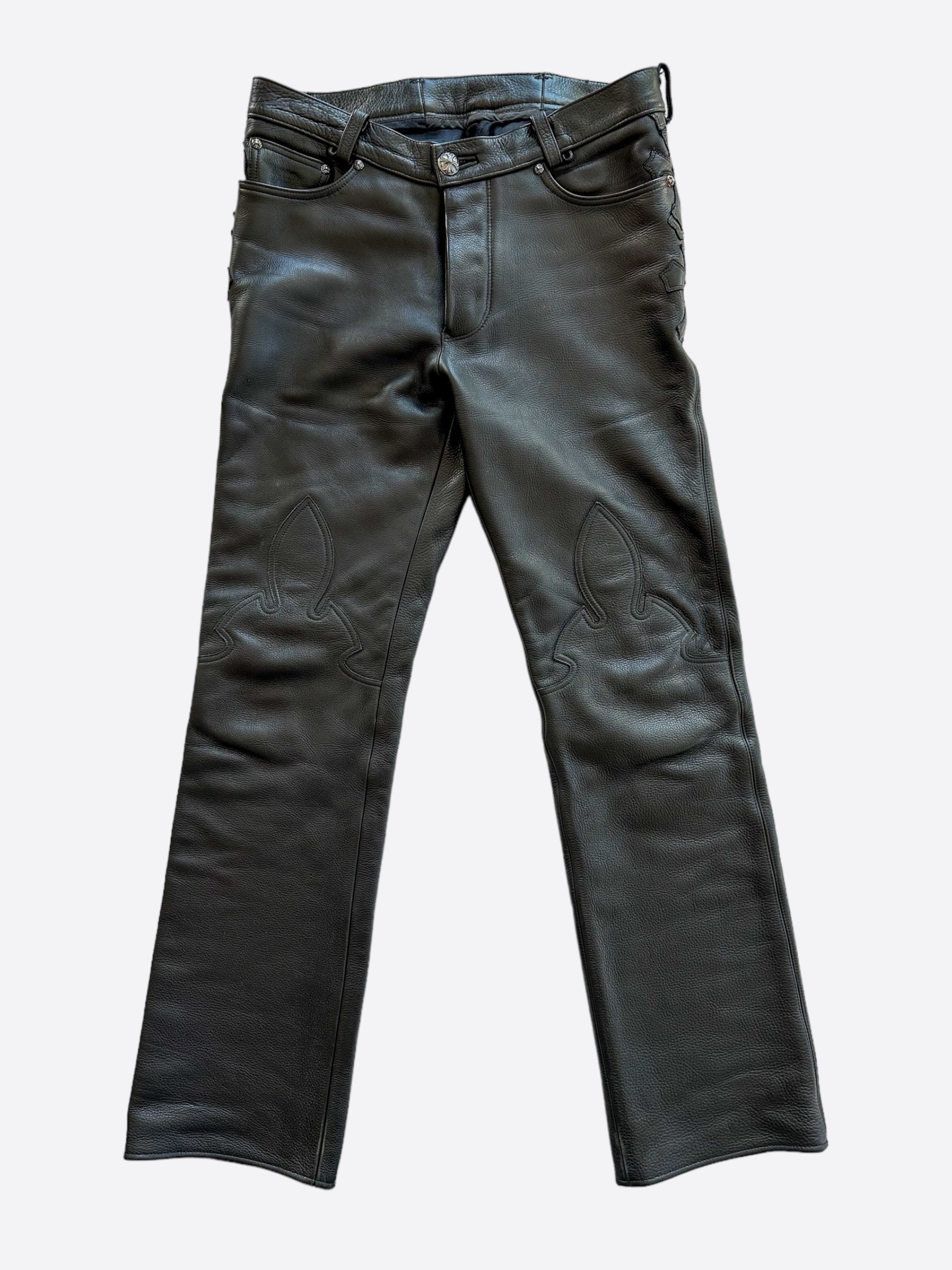 Chrome Hearts Black Leather Cross Patch Fleur Pants for Men & Women - Gothic Punk Fashion Pants for Concerts, Parties & Streetwear