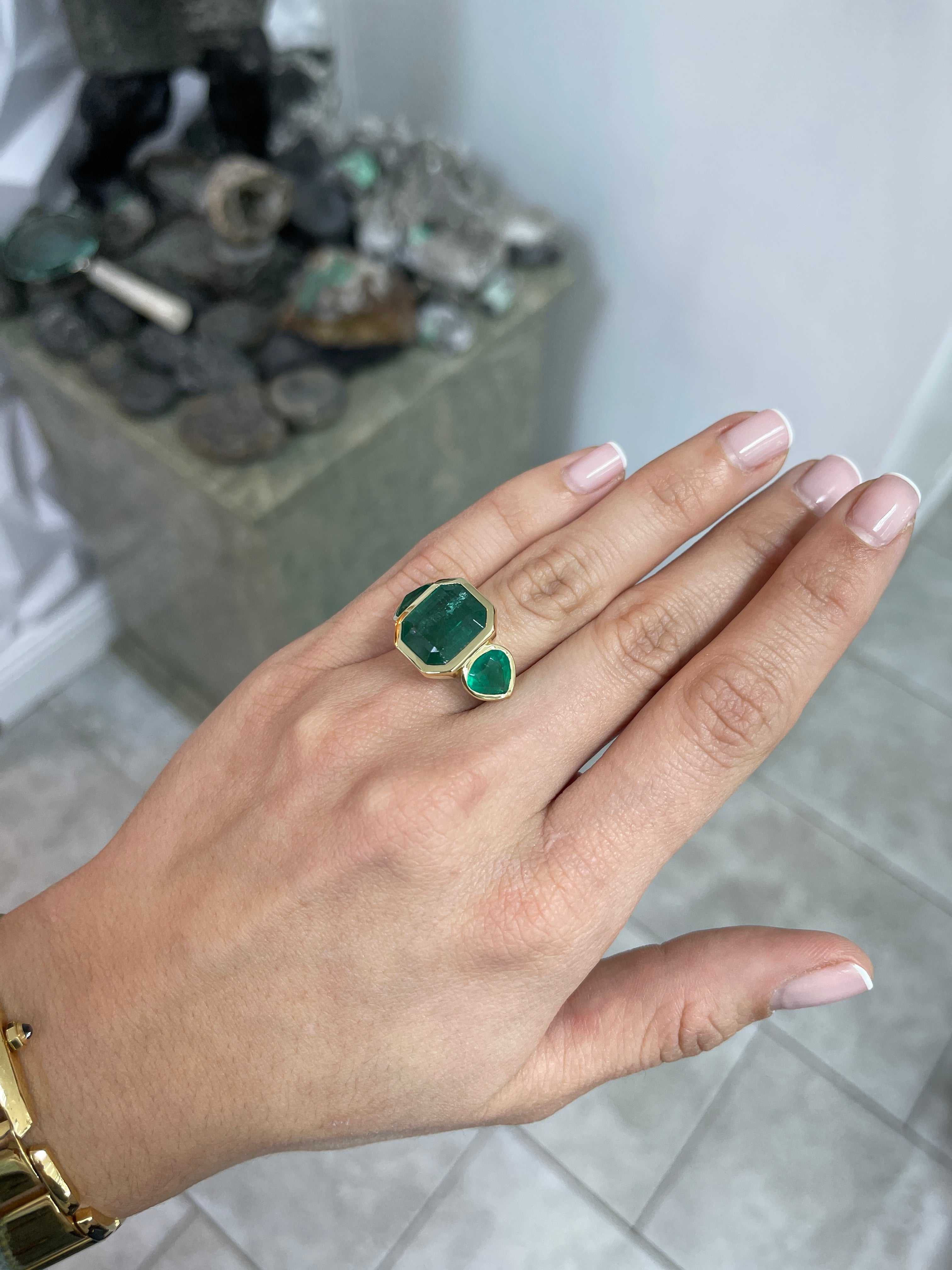 15.44tcw Three Stone Emerald Ring - 11.32 Carat Zambian Emerald with Pear Cut Accents in 18K Gold | Elegant Jewelry for Weddings, Anniversaries & Special Occasions