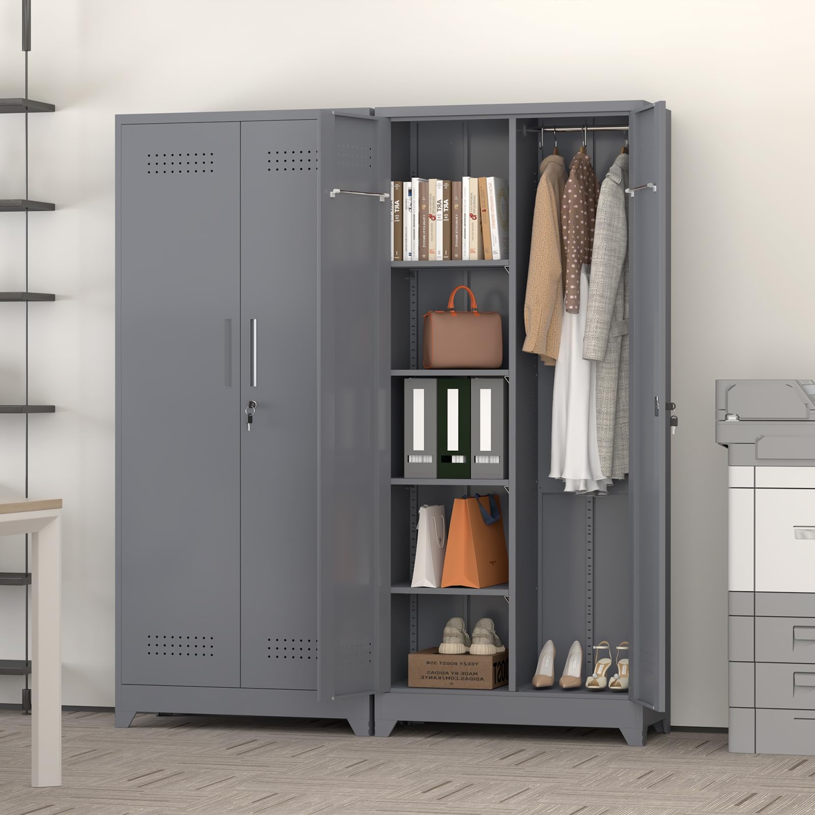 GREATMEET 65 Inch Broom Storage Cabinet with Hanging Rod - Metal Cleaning Supply Organizer for Garage, Utility Room & Laundry - Space Saving Grey Mop Holder for Brooms, Dustpans & Cleaning Tools
