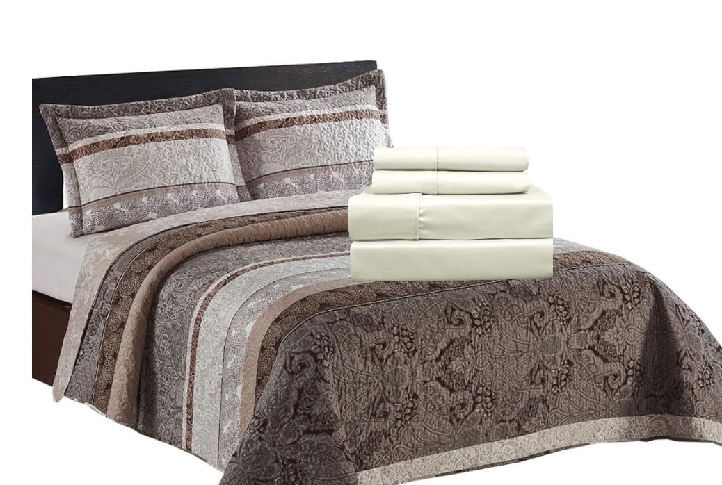 7-Piece Queen Size Bedding Set - Callisto Taupe Lightweight Quilt with Solid Ivory Microfiber Sheets | Soft & Breathable for All Seasons | Perfect for Master Bedroom, Guest Room & Vacation Homes