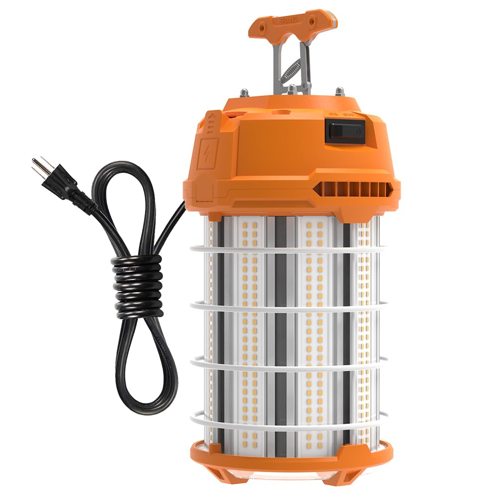 HYPERLITE 150W LED Temporary Work Light - 18750LM Brightness, 500W HID/HPS Equivalent, 5000K Daylight - Portable Hanging Construction Light with Stainless Steel Safety Guard & Sturdy Hook - Perfect for Job Sites, Workshops, Garages, and Emergency Lighting (On/Off Switch Included)