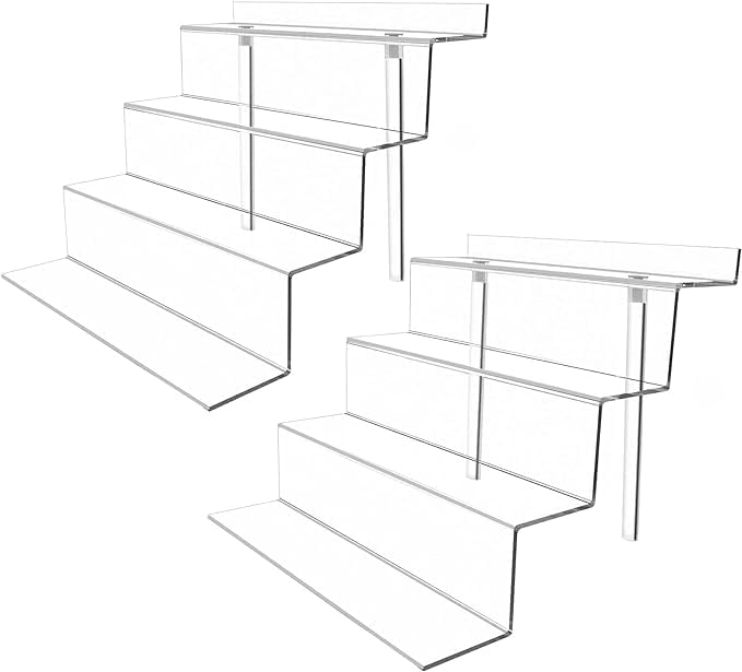 4 Tier Black Display Stand Rack - 2 Pack Multi-Purpose Organizer for Perfume, Makeup, Cupcakes, Desserts - Perfect for Countertops, Cabinets, Home & Retail Decoration (12x6 Inches, Clear)