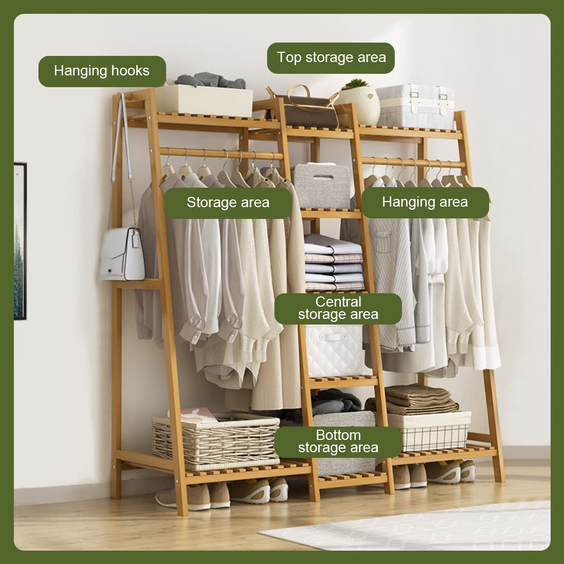Portable Bamboo Clothes Rack with 2 Shelves, Multifunctional Floor Standing Garment Rack, Easy to Assemble (130x40x140cm) - Perfect for Bedroom, Closet Organization & Small Space Storage