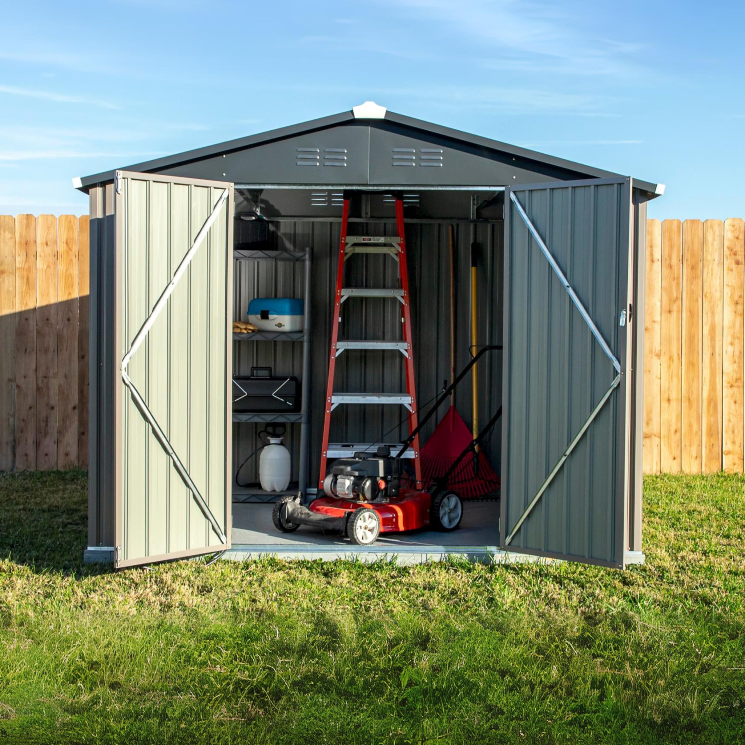 Galvanized Steel Outdoor Storage Shed with Lockable Doors - 8x6 Tan Metal Shed for Backyard, Patio, Garden | Secure Storage for Bikes, Grills, Tools, Toys & Camping Gear | Weather-Resistant Lawn & Garden Shed for Home Organization