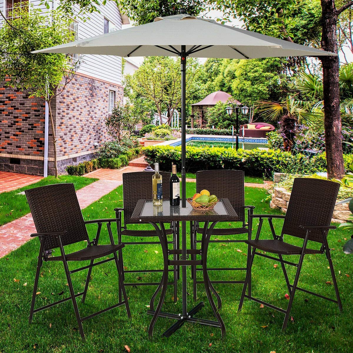 Rattan Bar Square Table with Glass Top & Steel Frame - Outdoor Bistro Table for Patio, Garden, Backyard - Perfect for Dining, Entertaining & Relaxing