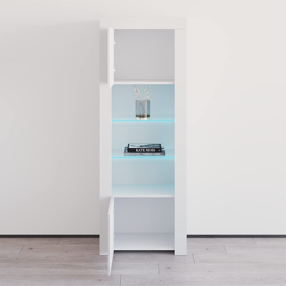 Modern Freestanding Bookcase with Customizable LED Lights - Durable Wooden Bookshelf with 2 High Gloss Doors & Glass Shelf - Decorative Storage Furniture for Living Room, Office & Bedroom - White