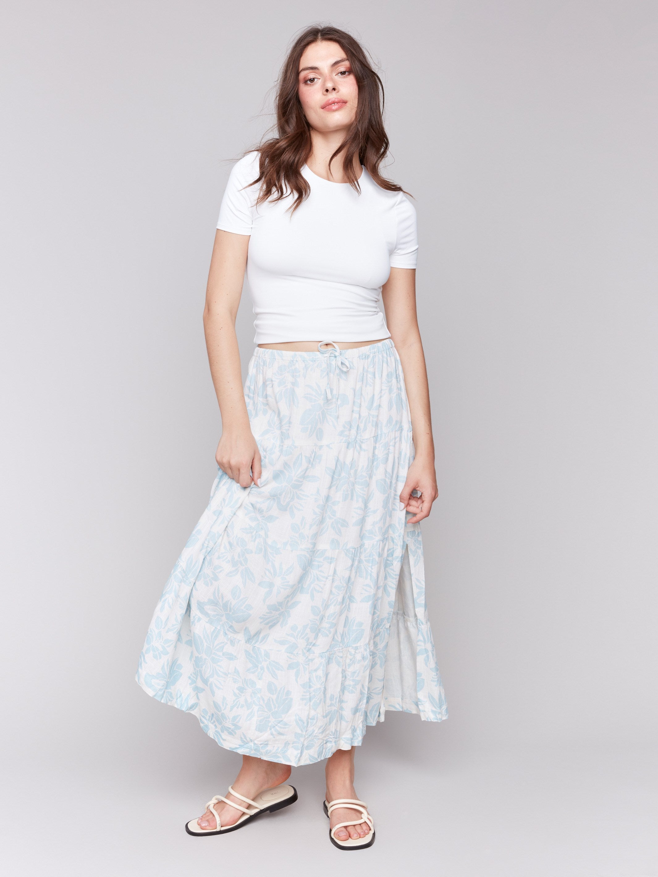 Stylish Linen Blend Printed Tiered Skirt - Floral Bloom Design for Women | Perfect for Summer Outfits, Beach Vacations & Boho Fashion