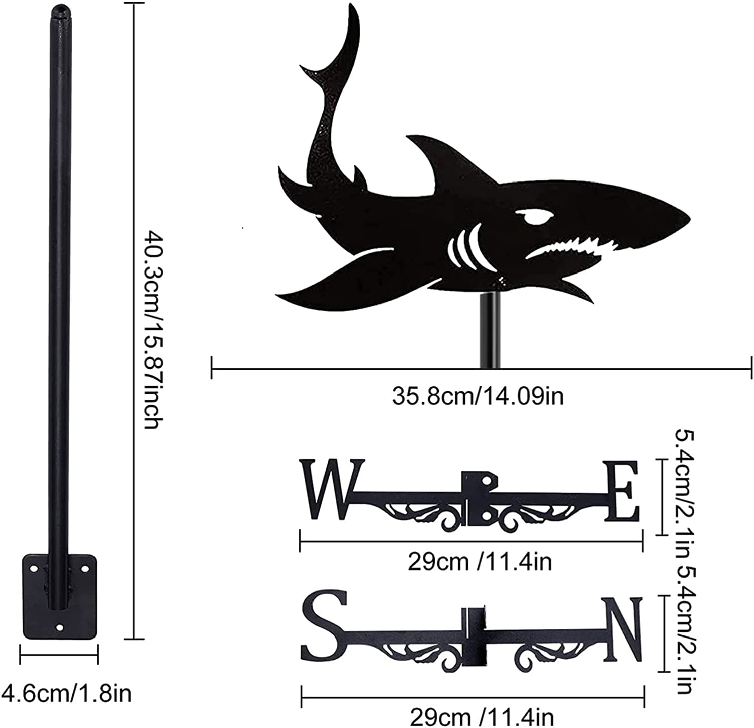 Ocean Life Shark Metal Weathervane - Wind Direction Indicator for Roof Mount, Farm, Garden, Yard & Patio Decor | Perfect for Coastal Homes, Beach Houses & Nautical Themed Outdoor Spaces