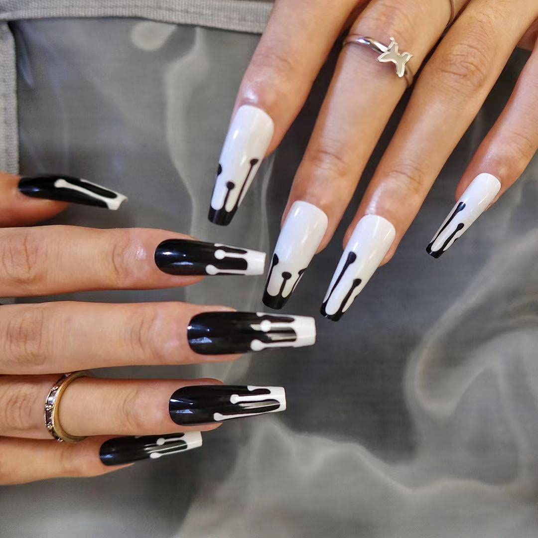 **BABALAL Halloween Press on Nails - Long Ballerina Fake Nails with Punk Design, Full Cover Glossy Artificial Nails for Women & Girls - Perfect for Halloween Parties, Cosplay & Nail Art**
