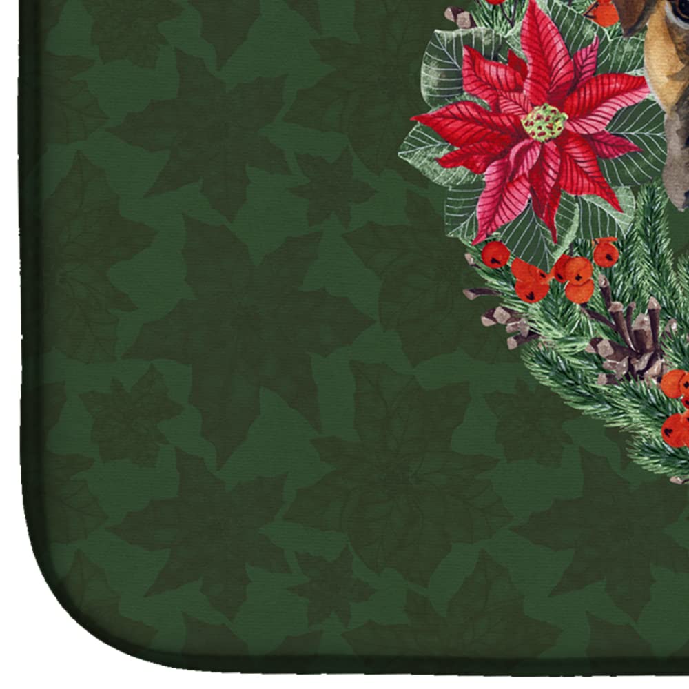 German Boxer Poinsettia Wreath Dish Drying Mat - Absorbent Kitchen Counter Mat (14x21