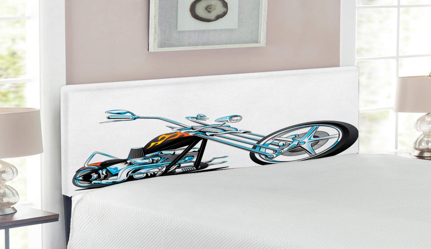 Ambesonne Motorcycle Headboard - American Chopper Inspired Upholstered Metal Bed Headboard with Memory Foam | Queen Size | Charcoal Grey & Pale Blue | Durable & Stylish for Men's Bedroom Decor | Perfect for Biker Themed Rooms & Motorcycle Enthusiasts