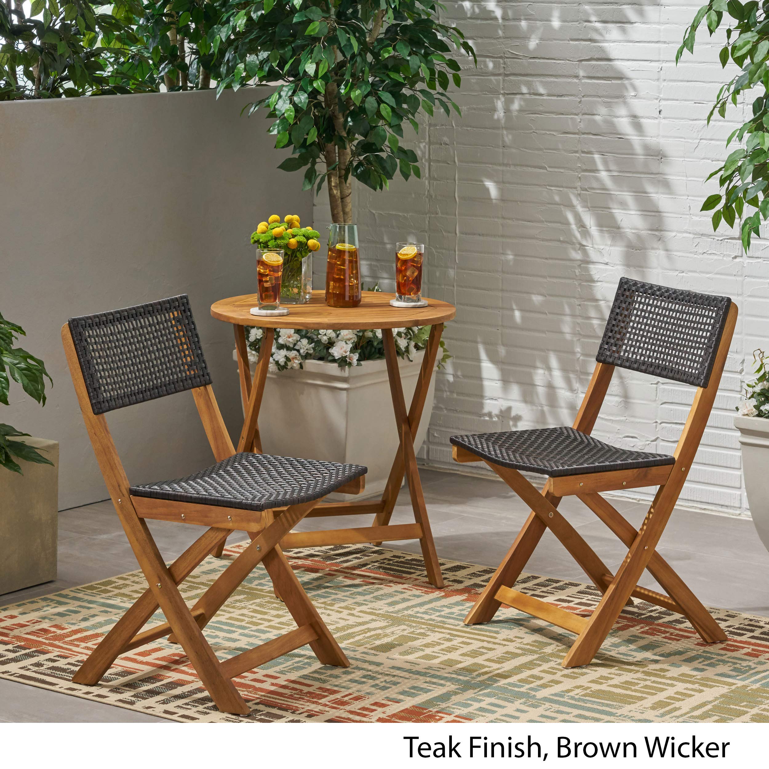 Premium Outdoor Acacia Wood Foldable Bistro Chairs with Woven Wicker Seating (Set of 2) - Teak Finish & Brown Wicker - Perfect for Patio, Garden, Balcony, and Poolside Relaxation